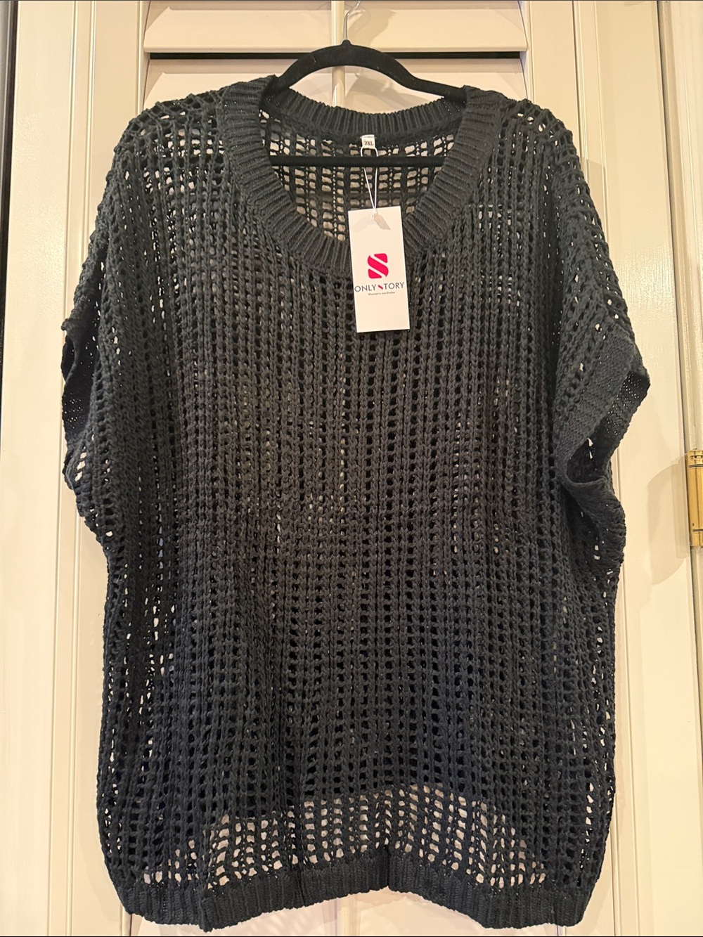 Crochet Black Open-Knit Crewneck Sweater